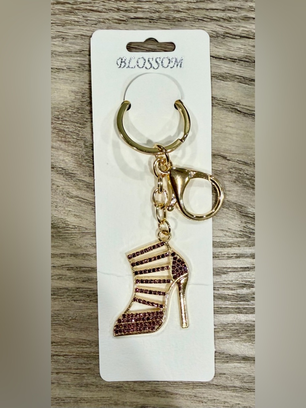 Gold High Heel Bootie Keychain with Pink  Rhinestones